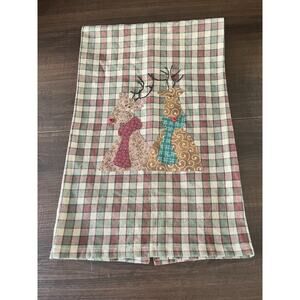 Vtg Hand Tea Towel Plaid Checkered Christmas Patchwork Handmade Reindeer